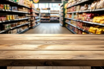 Wooden Table in Front of Grocery Aisle with Shelves Full of Products and Blurred Background View