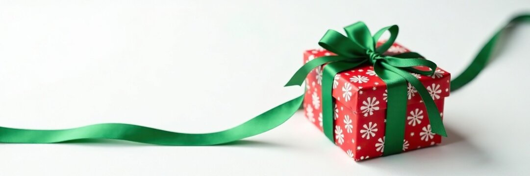 Red and green patterned gift box wrapped around a long green ribbon on a white background with a bow on the side, Christmas, present, wrapping paper