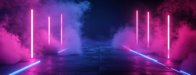 Pink blue neon lights smoke floor background