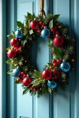 Wreath adorned with red glass balls and blue mercury glass ornaments, holly, blue, wreath