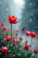 Obraz premium Red and white flowers swaying in the gentle snowfall, peaceful bloom, serene landscape