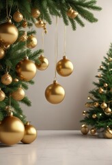 Gold ornaments with Christmas tree branches hanging in isolated background ,  ornaments,  festive,  holiday