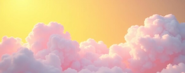 Fototapeta premium Soft pink clouds against a bright yellow sky with white fluffy cloud formations, white, clouds, serene