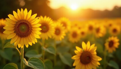Obraz premium Sunflowers in the morning light with warm tones, autumn, crop, field