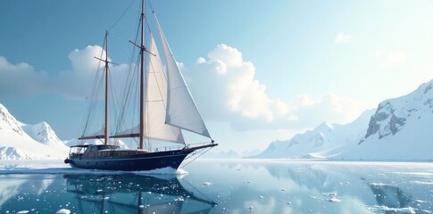 Obraz premium Yacht with snow-covered sails and frozen sea surface, cold, serene, winter