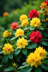 Yellow and red rhododendrons growing amidst lush green foliage, yellow, landscape