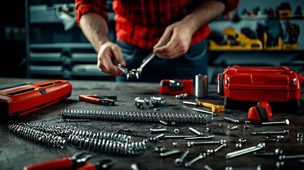 A mechanic organizes various tools on a workbench, showcasing a well-equipped garage environment