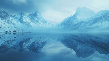 Serene snowy mountains reflected in a calm lake. Background Cloudy sky. Use Wallpaper, travel brochure