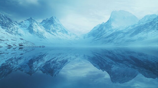 Serene snowy mountains reflected in a calm lake. Background Cloudy sky. Use Wallpaper, travel brochure