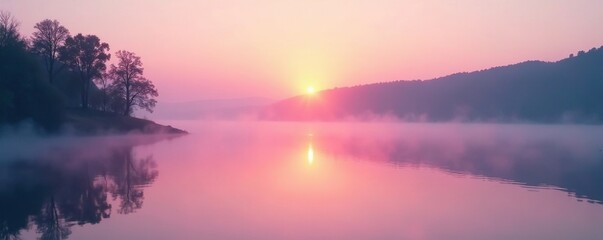 Soft pastel pink mist rises from a calm lake at sunset, twilight, pastel colors, serene