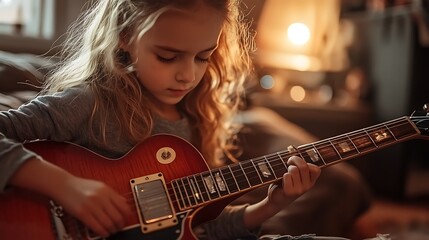 Girl playing guitar at home