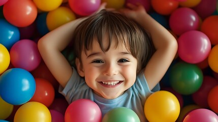 Obraz premium Smiling Child Lying in Colorful Ball Pit Having Fun at Playtime