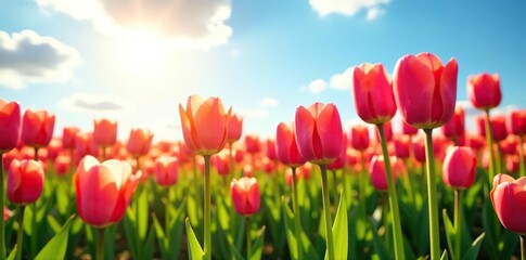 Field of colorful tulips swaying in the breeze under bright sun, spring, wind