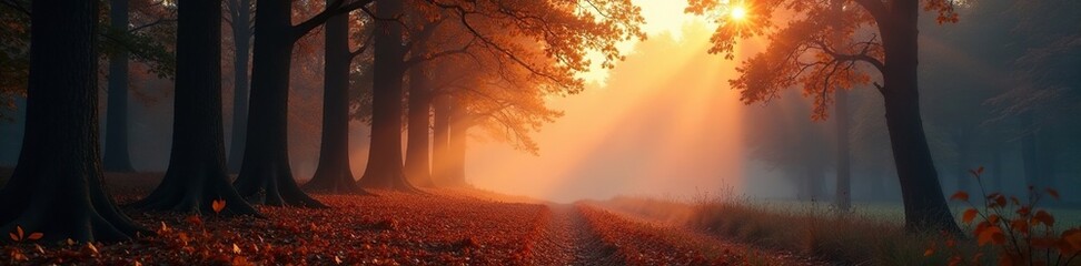 Woodsmoke wafts through the forest air on a chilly autumn evening, warm glow, trees