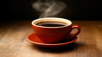 Obraz premium Steaming coffee cup on wood table, dark background; perfect for cafe menus