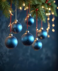 Hanging Christmas ornaments with festive lights on blue background,  Winter,  Decorations,  Ornaments