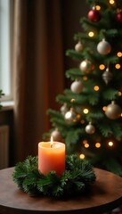 Wreath-shaped candle on table next to tall Christmas tree with ornaments, evergreen, candlelight, elegant