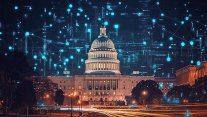 Illuminated capitol building with digital network overlay showcasing connected government technology