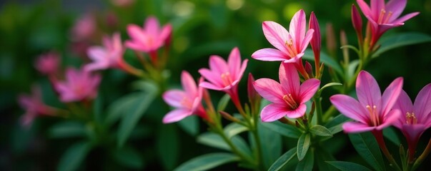 Delicate pink blooms of Alstroemeria in a lush bush on dark green foliage, floral, garden