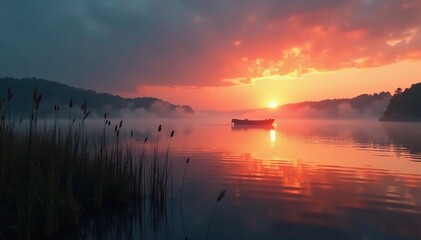 Obraz premium Dark waters of Blackstone Bay with a sleek black boat on the horizon, gently swaying reeds, misty atmosphere, sunset