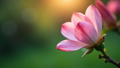 Obraz premium Delicate pink petals unfolding in morning dew, tree, greenery, flowers