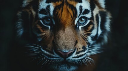 Fototapeta premium Tiger portrait, night, wildlife, closeup, dark background, nature documentary