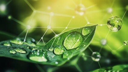 Dew-covered leaf, network, eco-technology, nature background, science