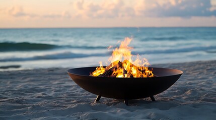Burning Fire Pit on Sandy Beach Near Ocean at Sunset
