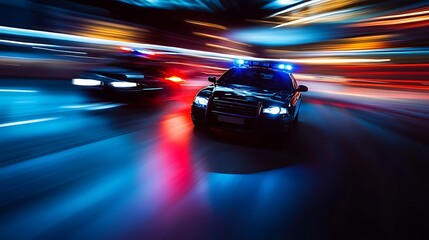 Fototapeta premium A dynamic scene depicting police cars with flashing lights moving rapidly through a nighttime urban environment, creating a sense of urgency and action