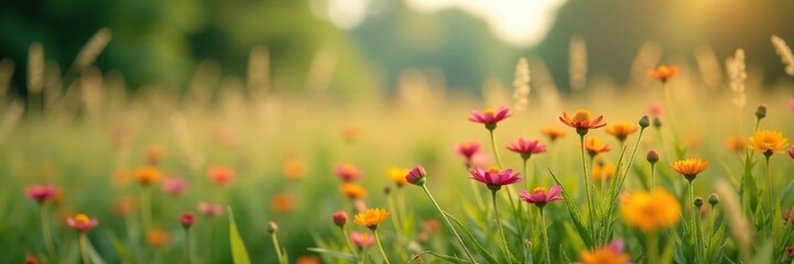 Fototapeta premium Soft focus of wildflowers in full bloom amidst tall grasses, blooming, landscape