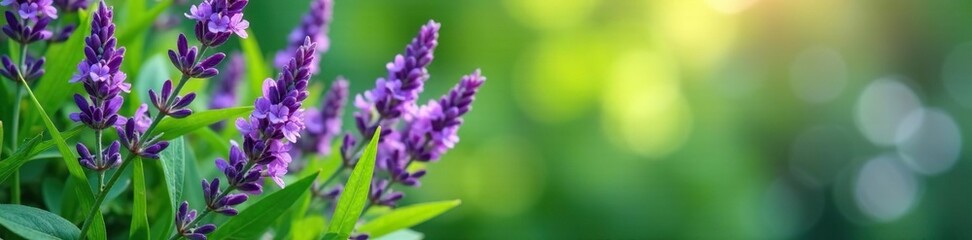 Obraz premium Lavender blooms dominate lush foliage green background, nature, colorful
