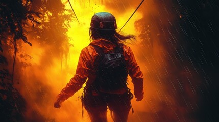 Woman ziplining rainforest fiery sunset rain