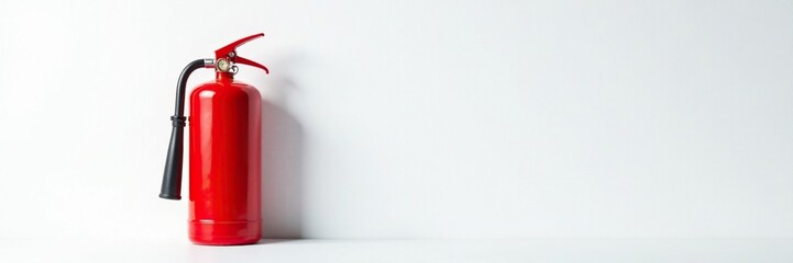 Obraz premium Red fire extinguisher against stark white backdrop, wall, fire extinguisher