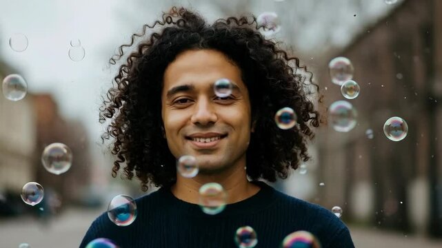 Happy Latin American man street portrait surrounded by bubbles. Joy and happiness concept