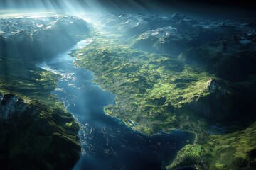 Aerial view of a lush green valley surrounded by majestic mountains and a serene lake