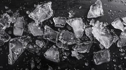 Ice, crushed on a black background. Pieces of crushed ice spread away. Crushing of the ice.