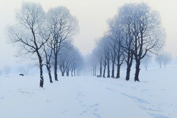 Fototapeta premium Winter road with snow-covered trees on sides, footprints lead to horizon