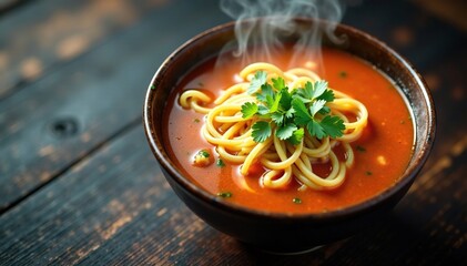 Overhead shot of steaming hot Nan Gyi Thohk noodle soup bowl, noodles, aroma