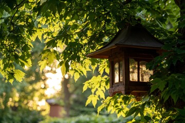 Birdhouse hangs under foliage, garden view. Nature scene for home & garden