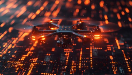 Futuristic drone hovering over illuminated digital circuit board pattern providing a modern innovation
