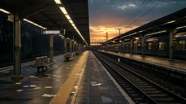 Papers flaying all over empty train station at sunrise