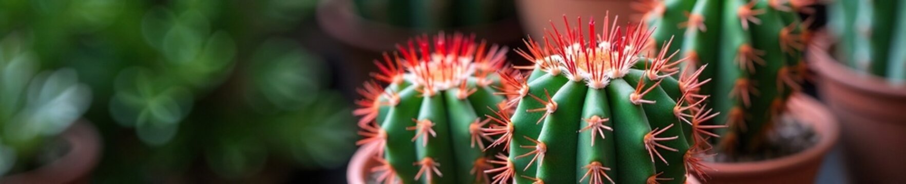 Prickly red spikes of the three parodia cactus in a pot, flora, succulent, cactus