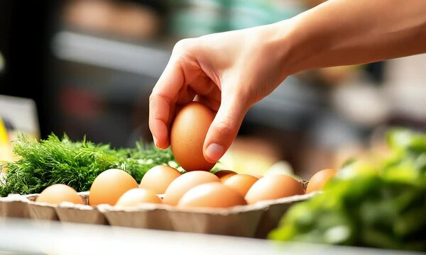 hand holding eggs, picking up from egg carton