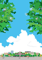 新緑の街並みイラスト. 街行く人々のイラスト.