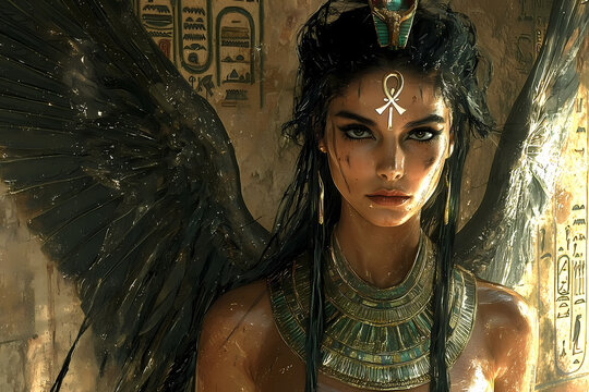 A dark, shadowy scene: Nephthys wanders the underworld clutching protective symbols like an ankh, surrounded by eerie mist and ancient hieroglyphics.