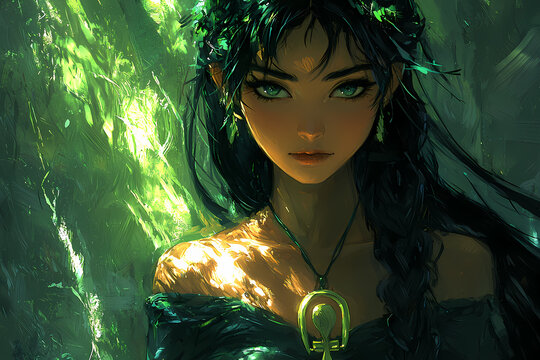 A dark, shadowy scene: Nephthys wanders the underworld clutching protective symbols like an ankh, surrounded by eerie mist and ancient hieroglyphics.