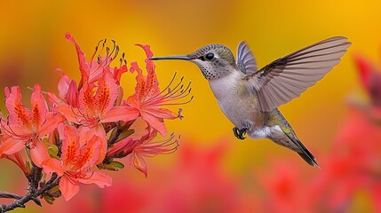 Fototapeta premium Hummingbird Feeding on Vibrant Orange Flowers Nature Photography