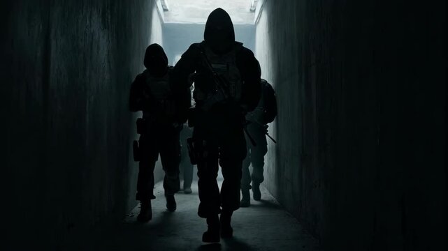 Group of paramilitary men with arms walking. Slow motion video