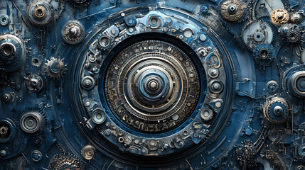 Complex Gear Mechanism Art Render in Blue Hues