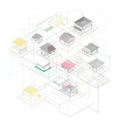 Connected houses, isometric illustration, neighborhood network, smart city concept, real estate
